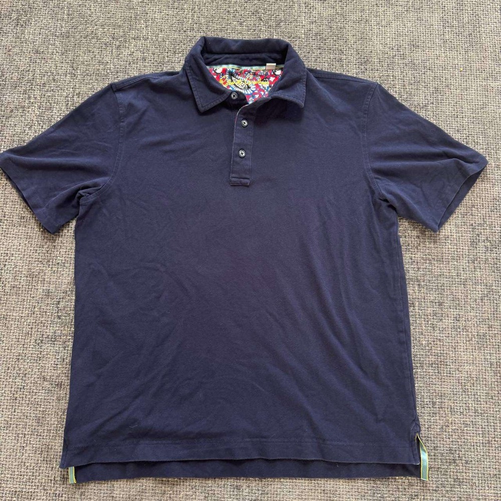 Robert Graham Polo Shirt Mens L Navy Blue Skull Paisley‎ Contrast Collar Lining